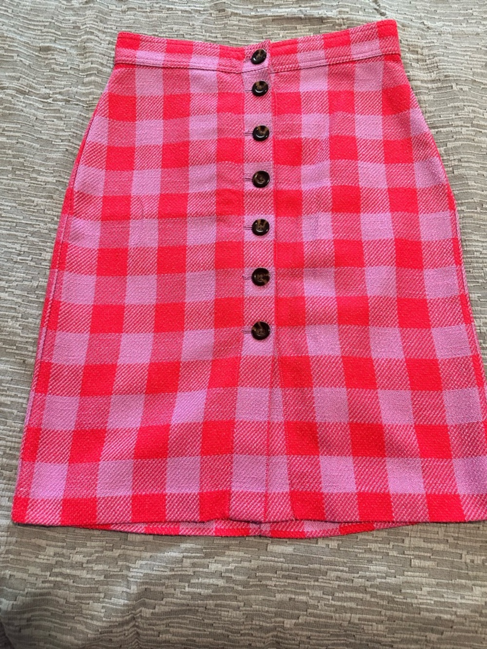 Ann Taylor Pink and Red Check Pencil Skirt with Front Buttons